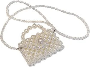 Mini White Pearl Purse for Girls Women Pearl Crossbody Handbag Shoulder Bag Beaded Clutch for Party