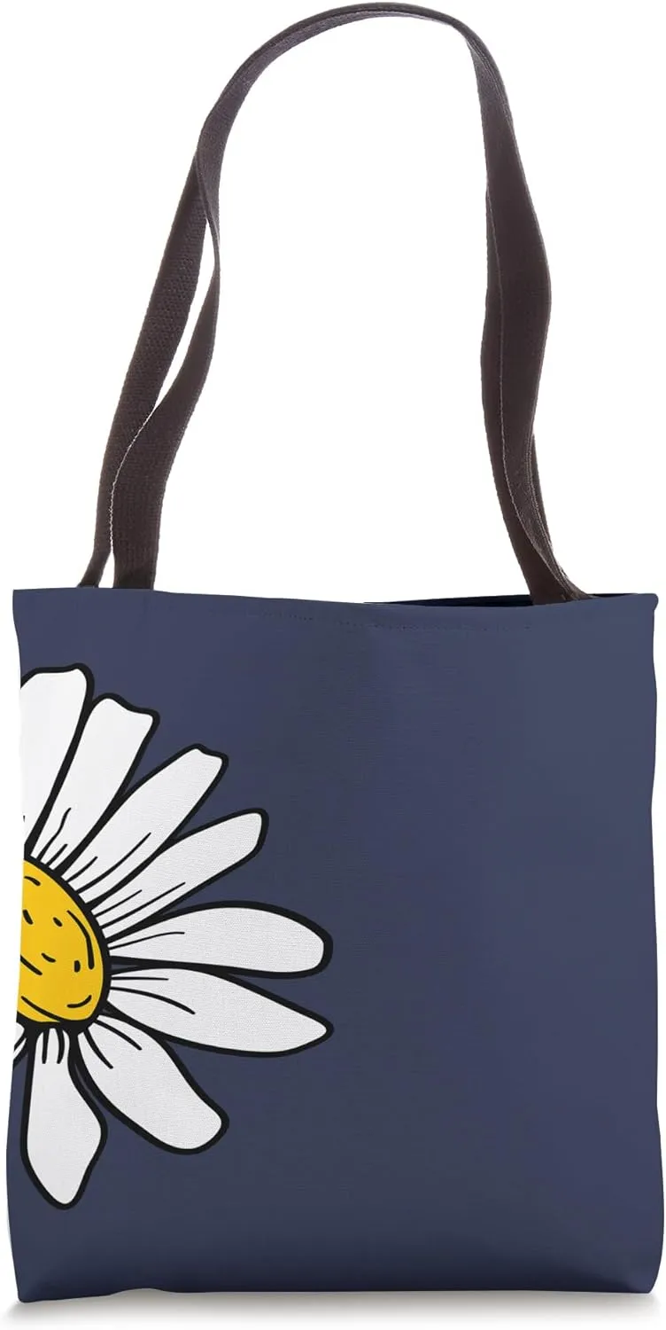 Minimalist Classic Garden Daisy White Flower Print Navy Blue Tote Bag