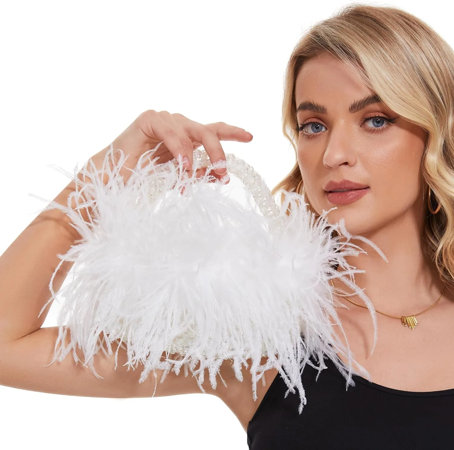 Miuco Real Natural Ostrich Feather Beaded Handbags For Women Handmade Evening Bags Clutch Purse