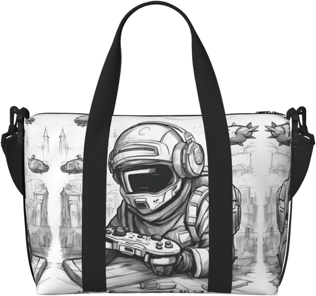 Monochrome Sketch Style Gaming Print Fashionable Handbag Crossbody Bag,Perfect For Travel,Weekend Getaways And Daily Use