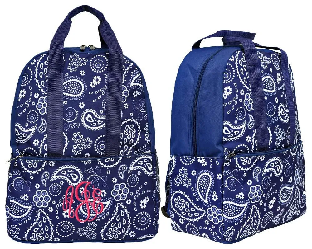 Monogrammed Navy Paisley Top Handle Backpack