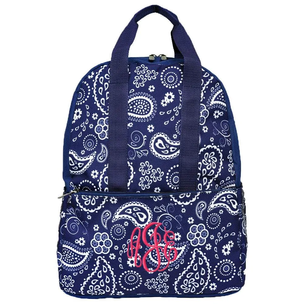 Monogrammed Navy Paisley Top Handle Backpack