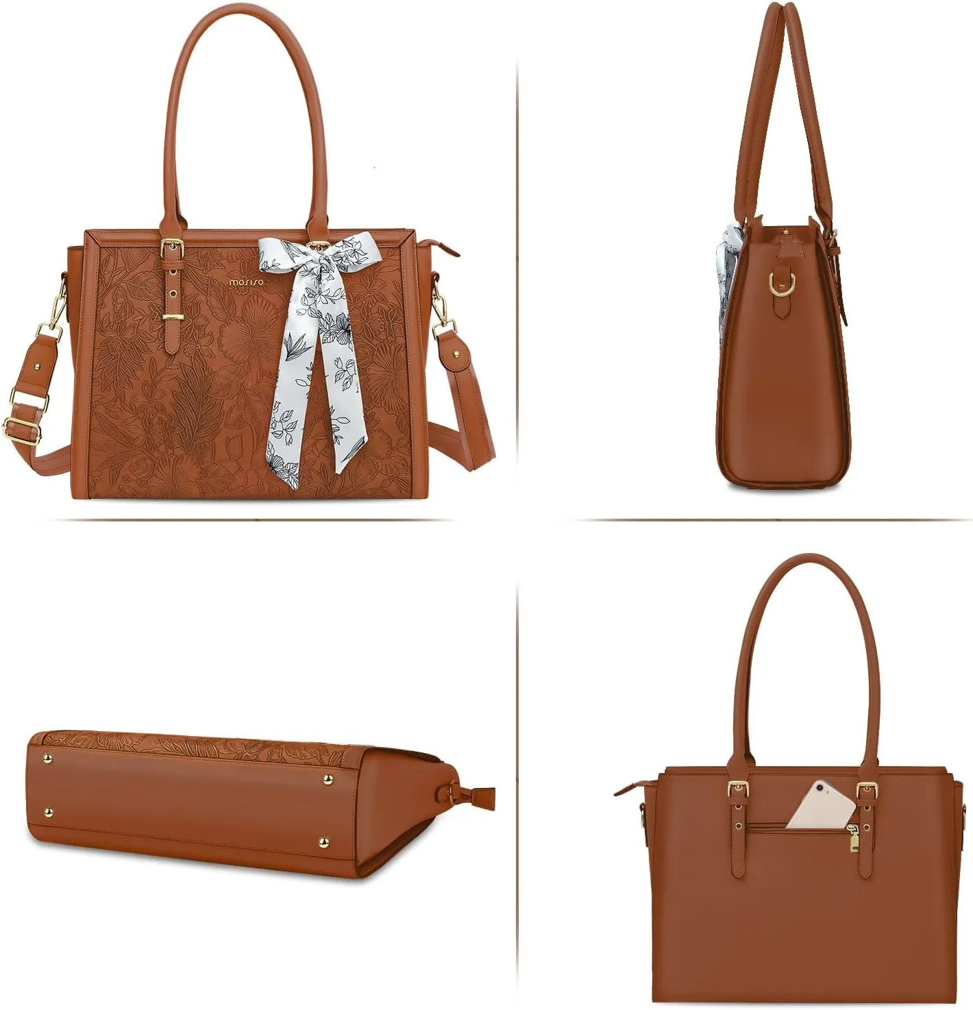 MOSISO Laptop Bag for Women, 17-17.3 inch PU Leather Tote Bag Compatible with MacBook, HP, Dell, Asus Notebook, Front Embossed Retro Hibiscus Computer Bag with Silk Scarf&Clutch Purse, Brown