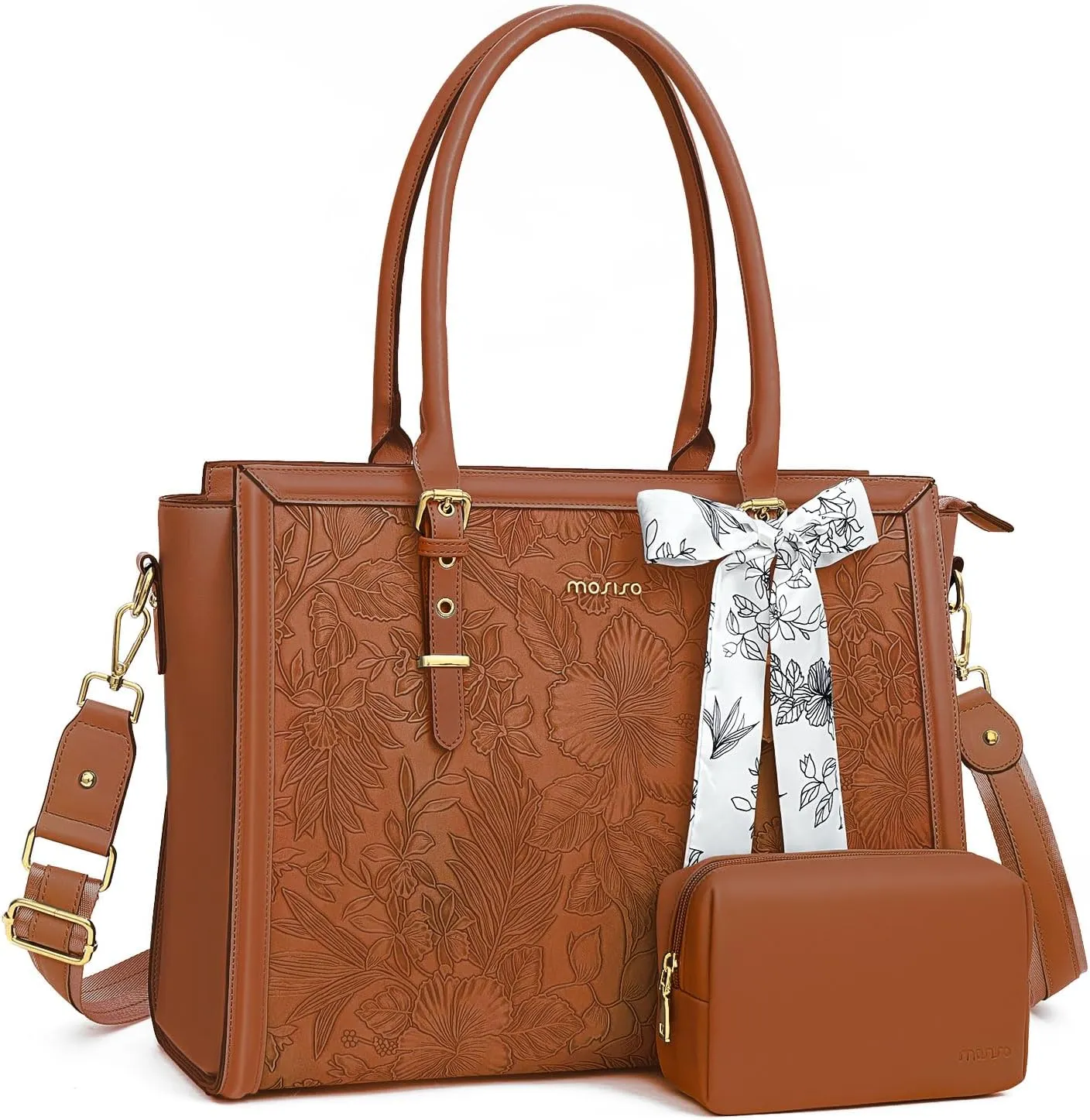 MOSISO Laptop Bag for Women, 17-17.3 inch PU Leather Tote Bag Compatible with MacBook, HP, Dell, Asus Notebook, Front Embossed Retro Hibiscus Computer Bag with Silk Scarf&Clutch Purse, Brown