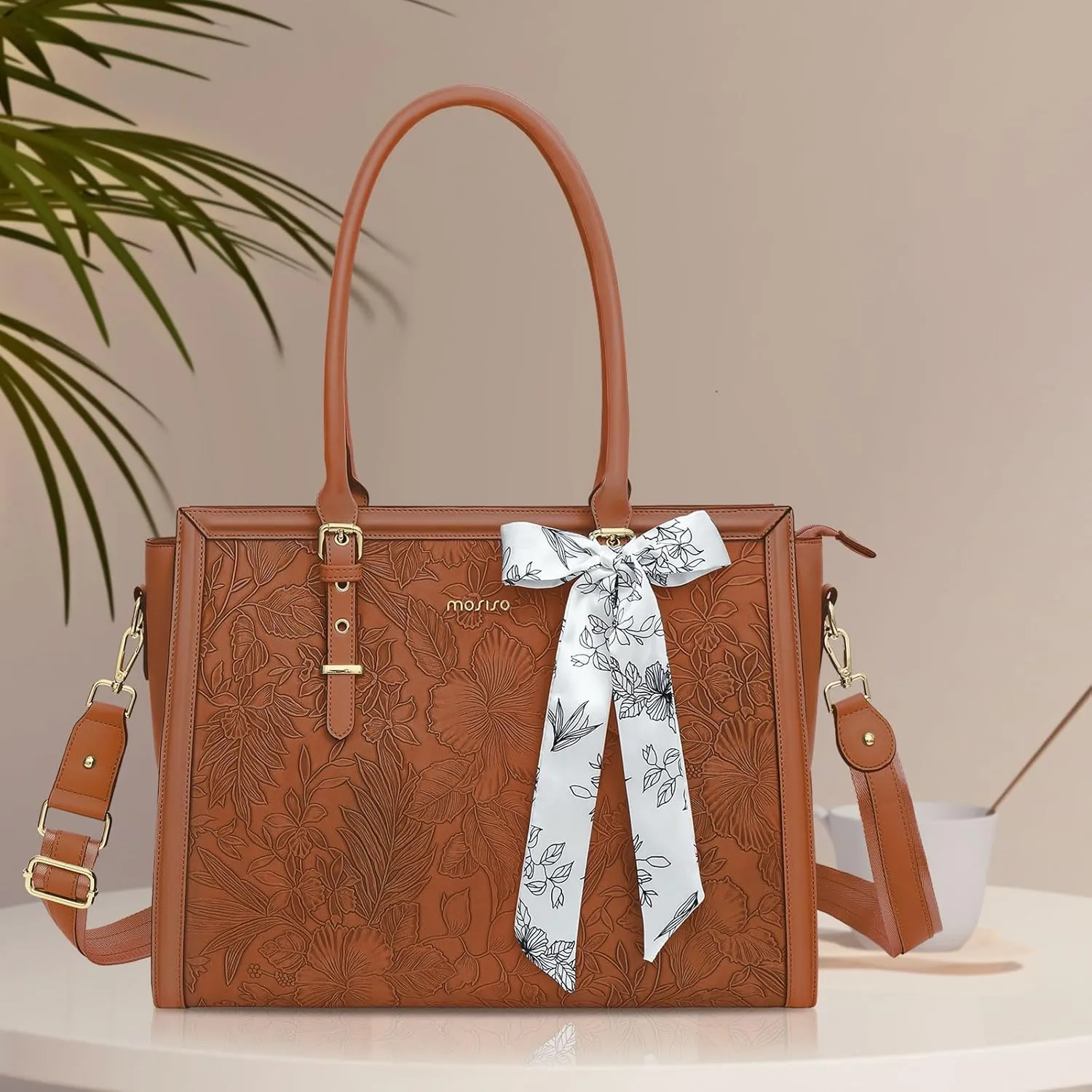 MOSISO Laptop Bag for Women, 17-17.3 inch PU Leather Tote Bag Compatible with MacBook, HP, Dell, Asus Notebook, Front Embossed Retro Hibiscus Computer Bag with Silk Scarf&Clutch Purse, Brown