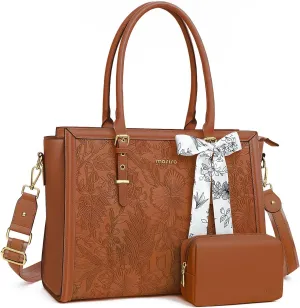 MOSISO Laptop Bag for Women, 17-17.3 inch PU Leather Tote Bag Compatible with MacBook, HP, Dell, Asus Notebook, Front Embossed Retro Hibiscus Computer Bag with Silk Scarf&Clutch Purse, Brown