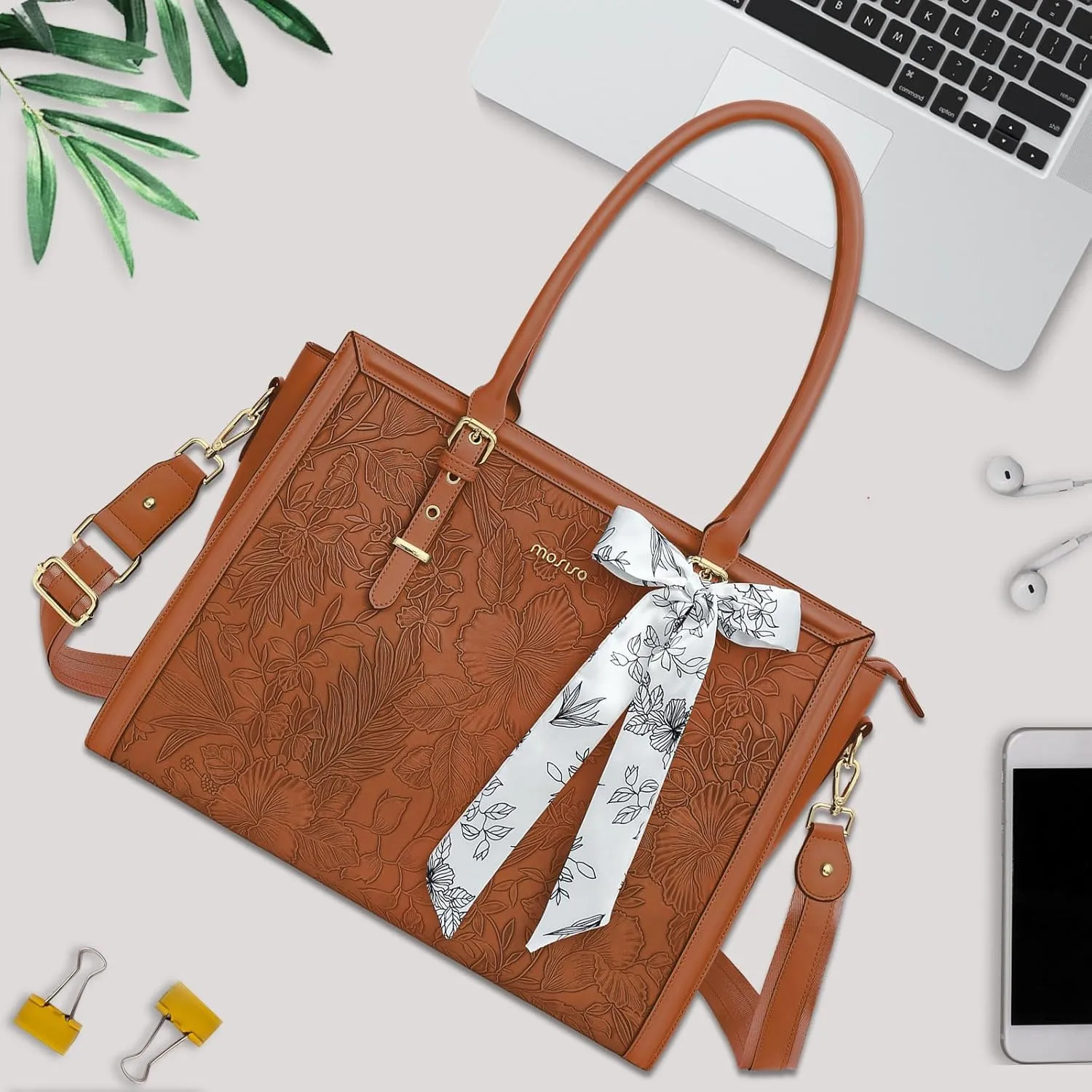 MOSISO Laptop Bag for Women, 17-17.3 inch PU Leather Tote Bag Compatible with MacBook, HP, Dell, Asus Notebook, Front Embossed Retro Hibiscus Computer Bag with Silk Scarf&Clutch Purse, Brown