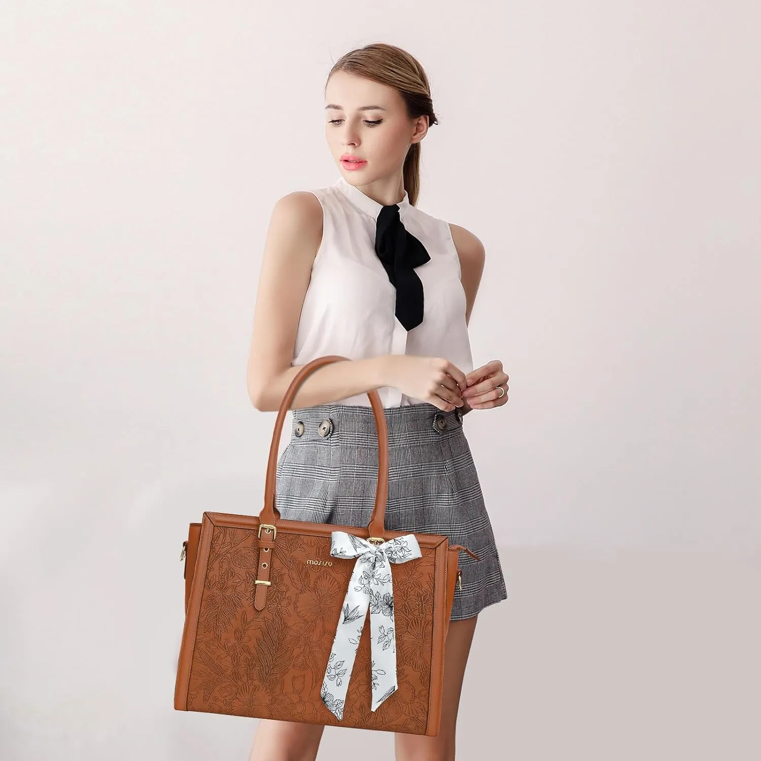 MOSISO Laptop Bag for Women, 17-17.3 inch PU Leather Tote Bag Compatible with MacBook, HP, Dell, Asus Notebook, Front Embossed Retro Hibiscus Computer Bag with Silk Scarf&Clutch Purse, Brown
