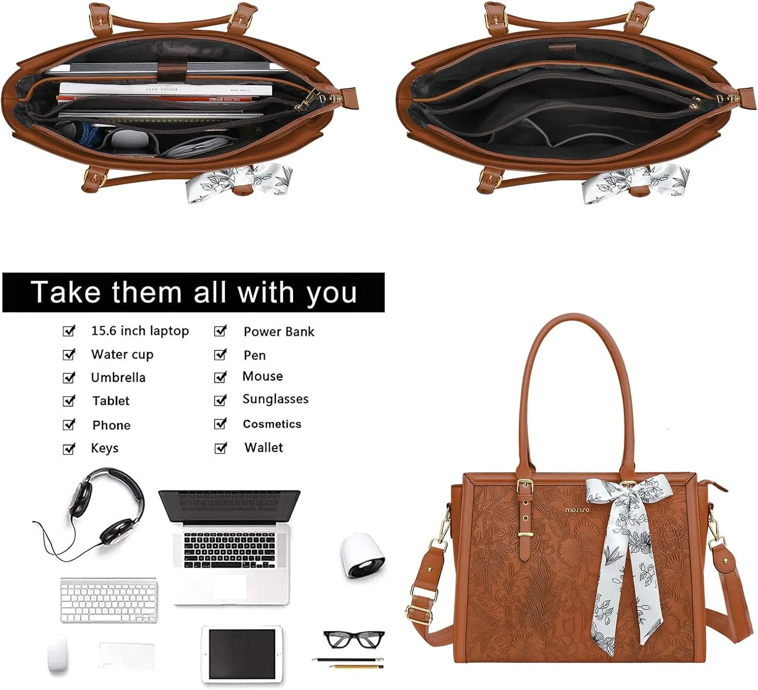 MOSISO Laptop Bag for Women, 17-17.3 inch PU Leather Tote Bag Compatible with MacBook, HP, Dell, Asus Notebook, Front Embossed Retro Hibiscus Computer Bag with Silk Scarf&Clutch Purse, Brown