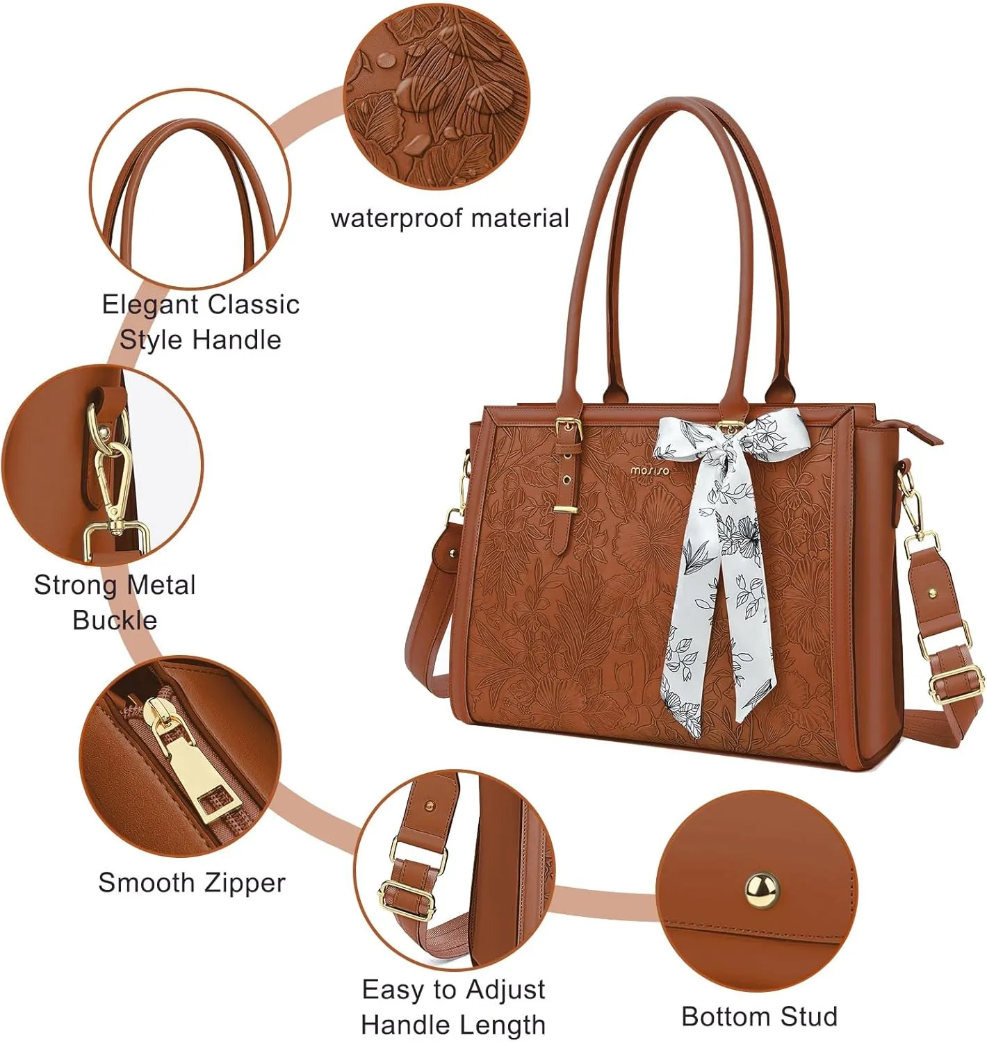 MOSISO Laptop Bag for Women, 17-17.3 inch PU Leather Tote Bag Compatible with MacBook, HP, Dell, Asus Notebook, Front Embossed Retro Hibiscus Computer Bag with Silk Scarf&Clutch Purse, Brown