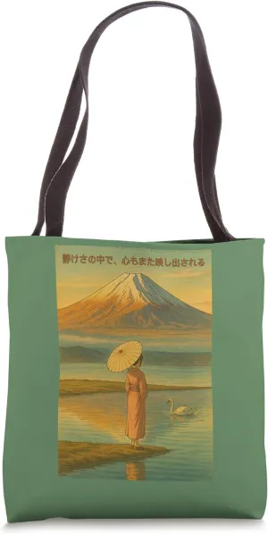 Mount Fuji Sunset Japanese Woman Kimono Swan Poetry Tote Bag