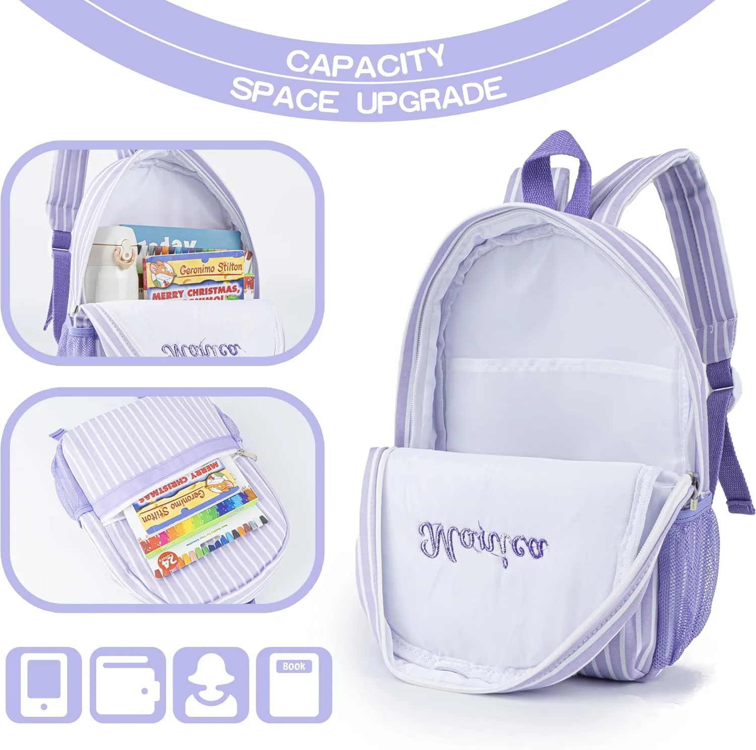 MT WORLD Daycare Backpack Personalized Canvas Toddler Backpack With Embroidered Name Small Preppy Custom Kids Backpack Monogram Backpacks for Age 2-4 Girls School Outdoors Overnight (Purple)