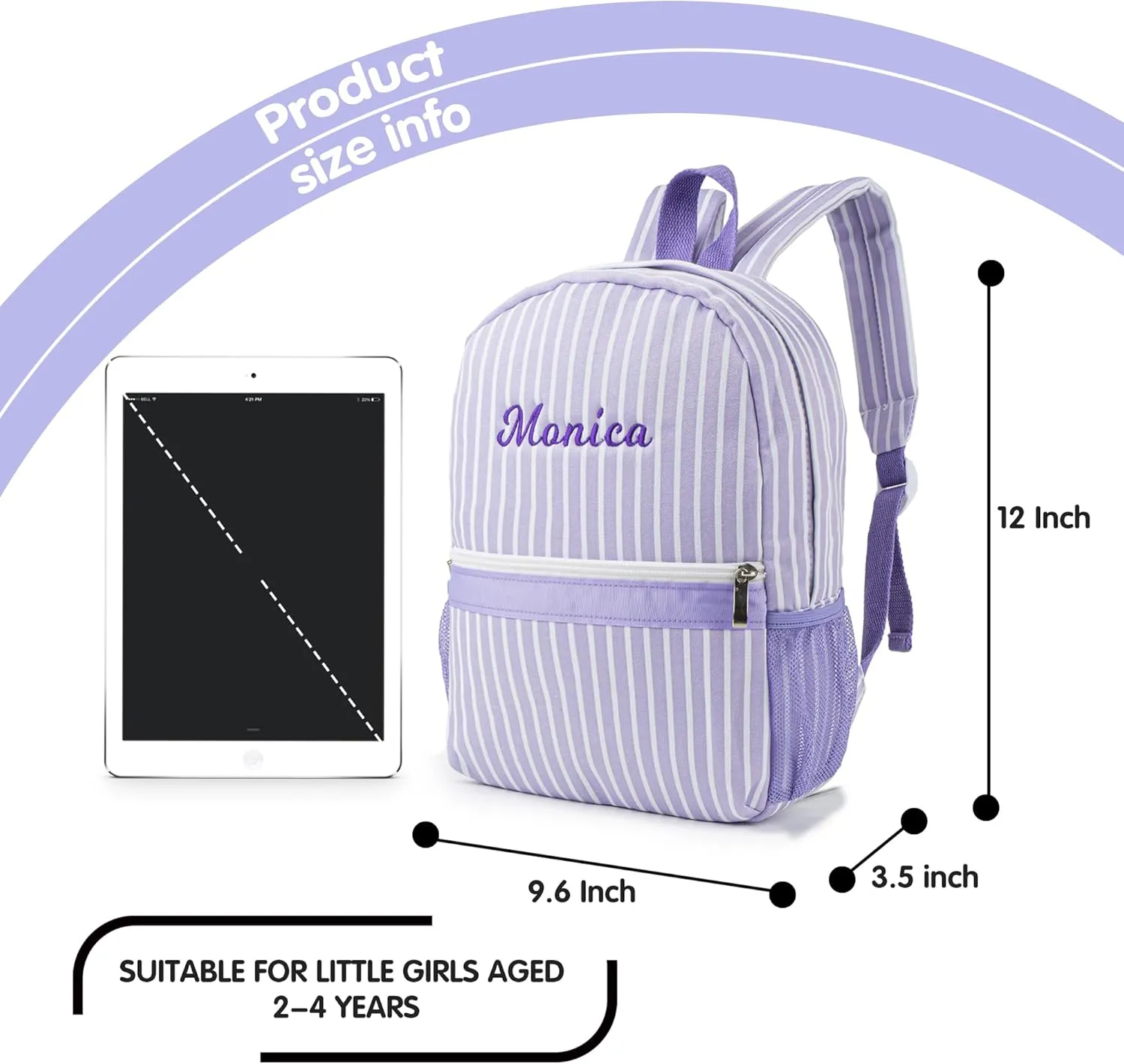 MT WORLD Daycare Backpack Personalized Canvas Toddler Backpack With Embroidered Name Small Preppy Custom Kids Backpack Monogram Backpacks for Age 2-4 Girls School Outdoors Overnight (Purple)