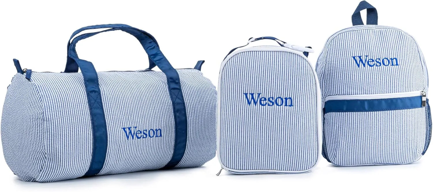 MT WORLD Kids' Backpacks Set Personalized Backpacks with Lunchboxes and Travel Duffel Bag with Embroidered Name Seersucker Toddler Bookbag with Lunch Bag and Overnight Bag for Girls Boy