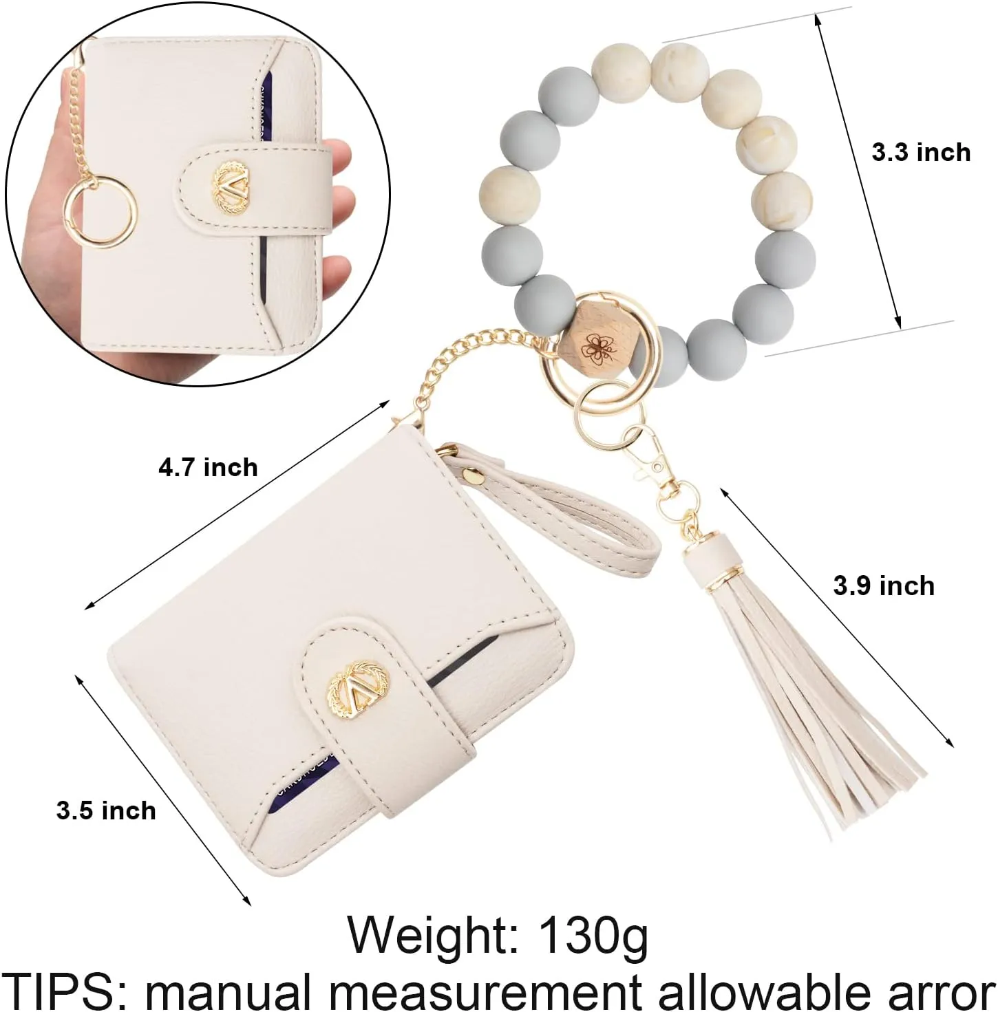 Multi-Purpose Wallet High Capacity Card Holder Zipper Coin Purse with Wristlet Bracelet Keychain Silicone Beaded Bangle Key Ring