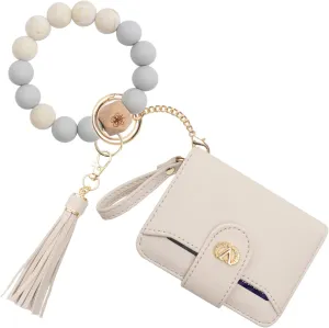 Multi-Purpose Wallet High Capacity Card Holder Zipper Coin Purse with Wristlet Bracelet Keychain Silicone Beaded Bangle Key Ring