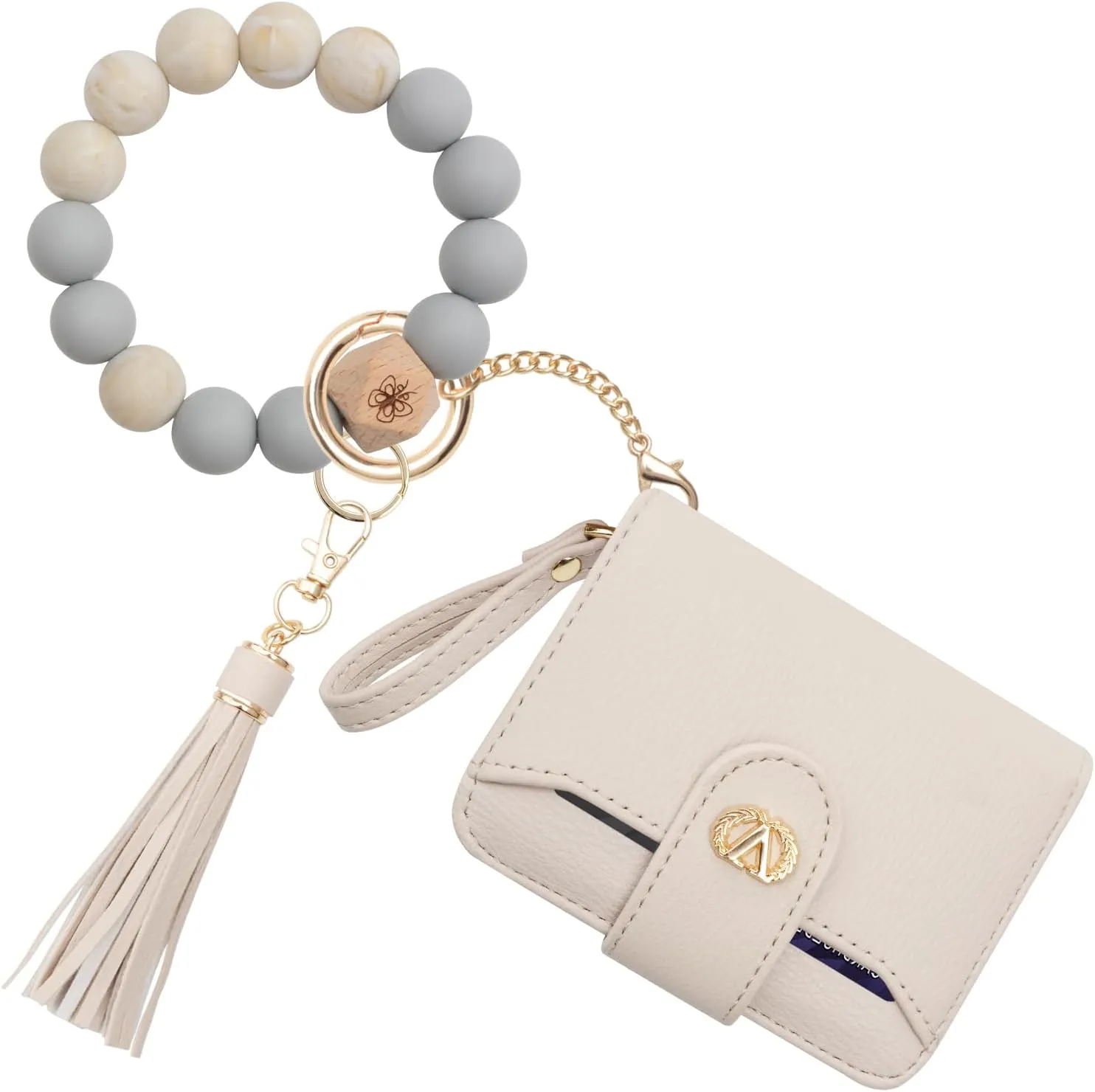 Multi-Purpose Wallet High Capacity Card Holder Zipper Coin Purse with Wristlet Bracelet Keychain Silicone Beaded Bangle Key Ring