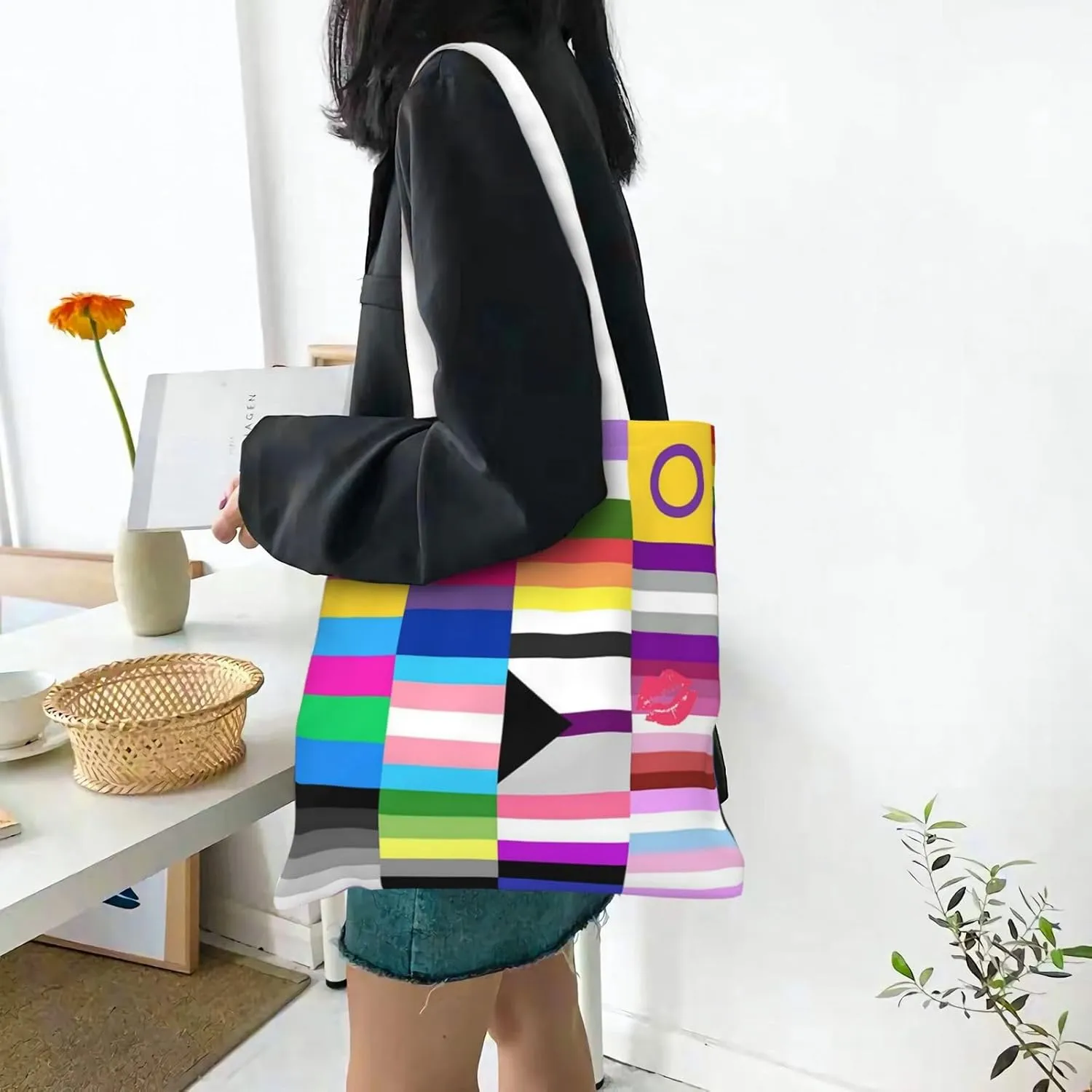 Non-Binary Pride Flag Tote Bag Reusable Shoulder Tote Bag For Women Lady Vacation, Shopping, Work