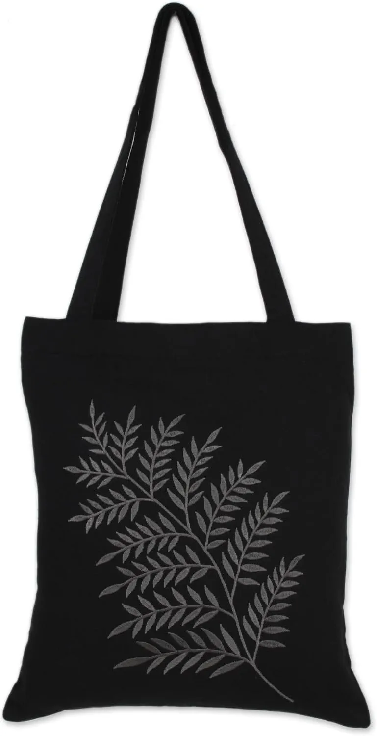 NOVICA Artisan Handmade Cotton Shoulder Bag Frond Motif in Ash Black from India Grey Tote Embroidered 'Beautiful Frond in Ash'