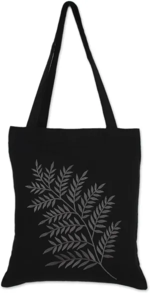 NOVICA Artisan Handmade Cotton Shoulder Bag Frond Motif in Ash Black from India Grey Tote Embroidered 'Beautiful Frond in Ash'
