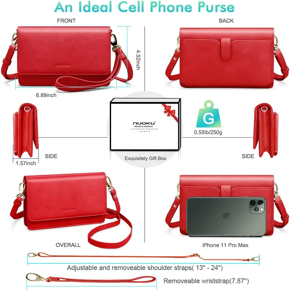 nuoku Women Small Crossbody Bag Cellphone Purse Wallet with RFID Card Slots 2 Straps