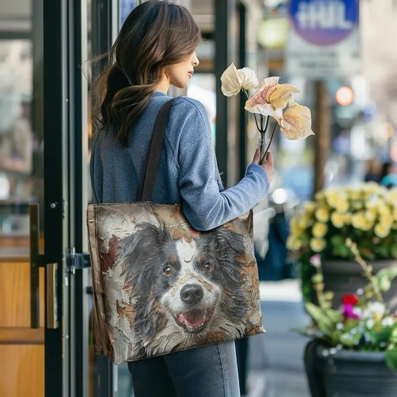 Oil Painting Border Collie Paper Tote Bag, Gothic Rose Butterfly Commute Bag, Ethnic Tribal Large Handbag for Women