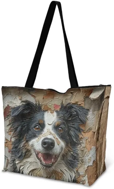 Oil Painting Border Collie Paper Tote Bag, Gothic Rose Butterfly Commute Bag, Ethnic Tribal Large Handbag for Women