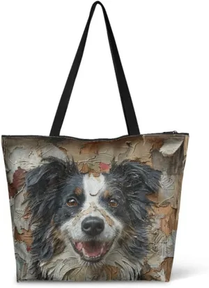 Oil Painting Border Collie Paper Tote Bag, Gothic Rose Butterfly Commute Bag, Ethnic Tribal Large Handbag for Women
