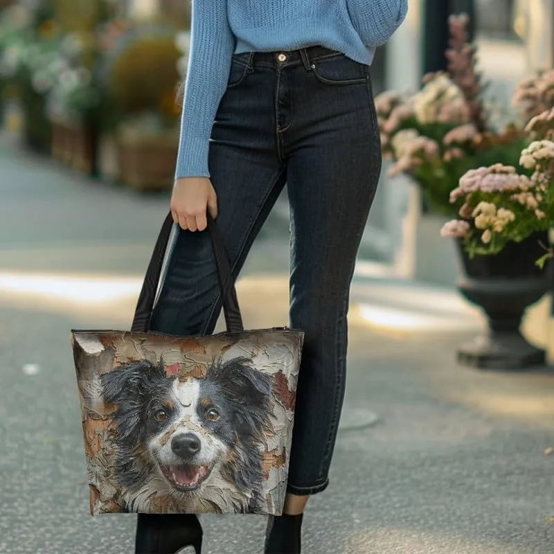 Oil Painting Border Collie Paper Tote Bag, Gothic Rose Butterfly Commute Bag, Ethnic Tribal Large Handbag for Women