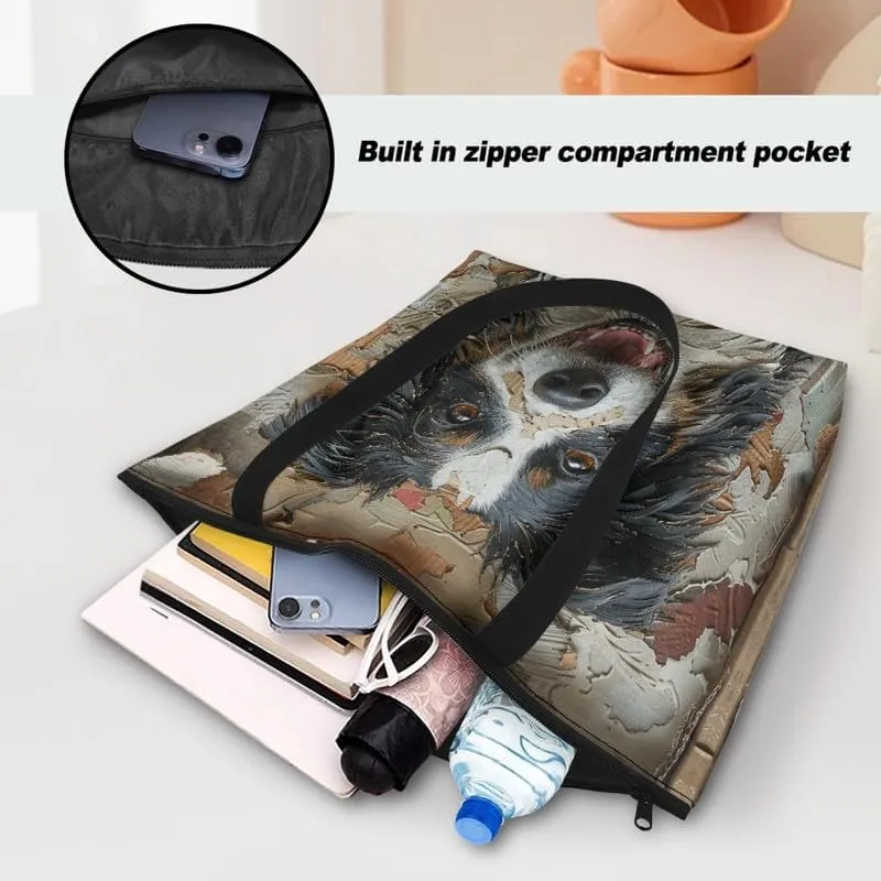 Oil Painting Border Collie Paper Tote Bag, Gothic Rose Butterfly Commute Bag, Ethnic Tribal Large Handbag for Women