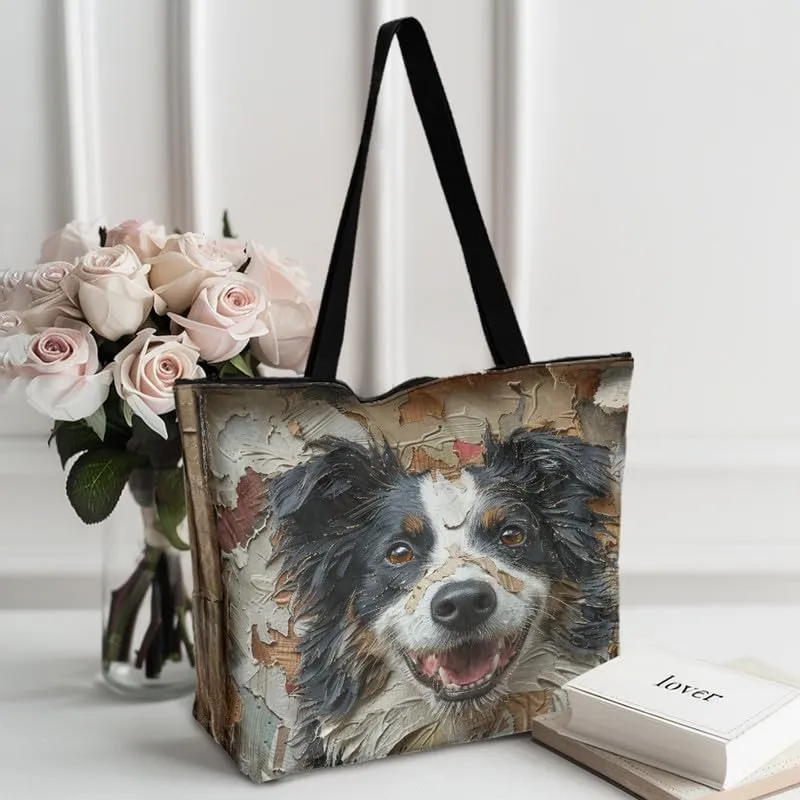 Oil Painting Border Collie Paper Tote Bag, Gothic Rose Butterfly Commute Bag, Ethnic Tribal Large Handbag for Women