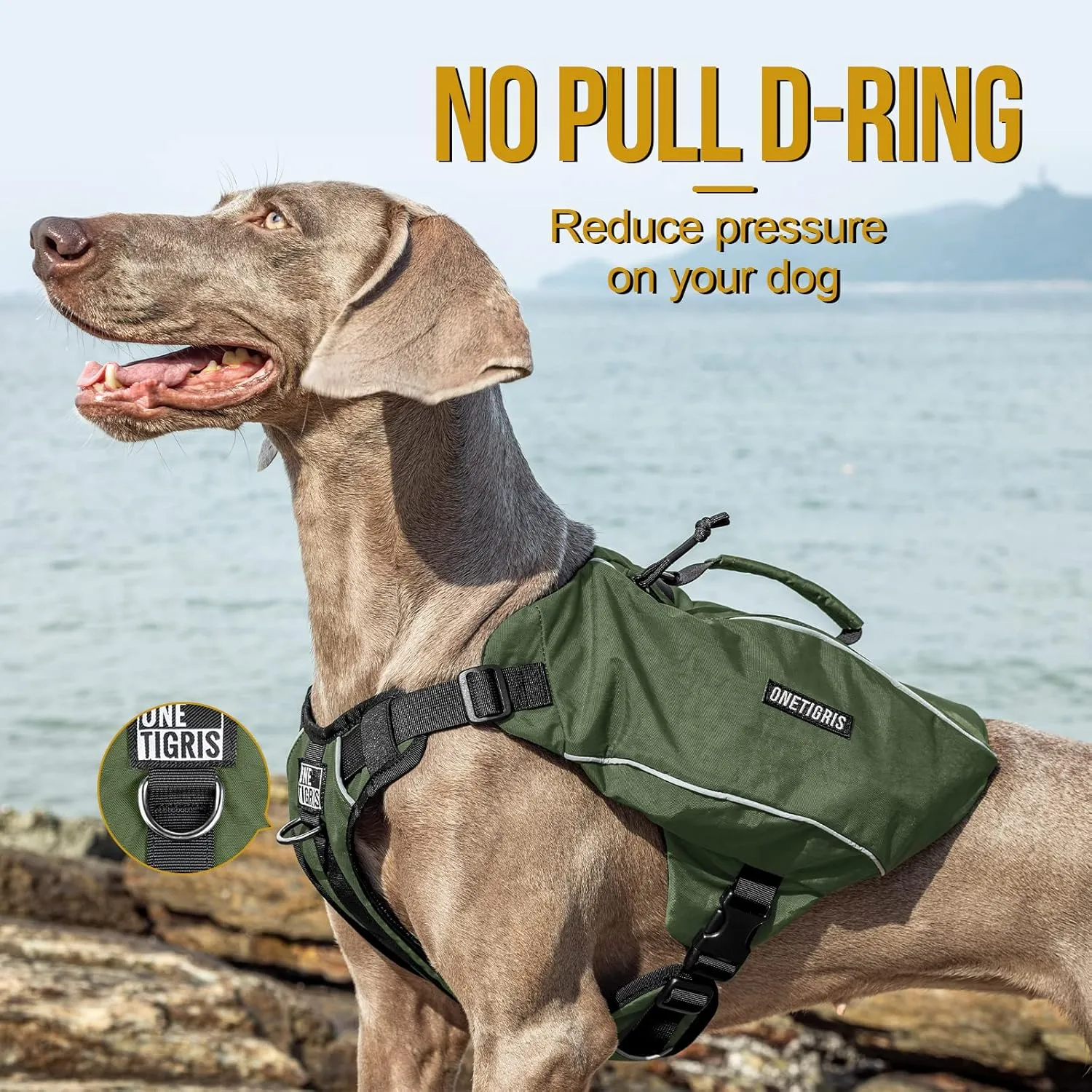 OneTigris Y-Shaped Dog Backpack with Handle, Pockets & No Pull D-Rings, Lightweight Hiking Gear for Dogs Hunting Camping Travel (Medium, Green)