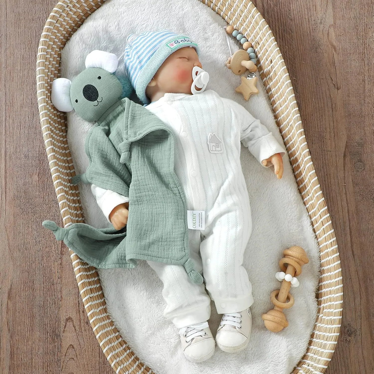 Organic Cotton Bunny Loveys for Babies,Newborn Baby Lovey Security Blanket,Lovies for Babies New Born Baby Unique Neutral Gifts Boys and Girls (Koala-Green)