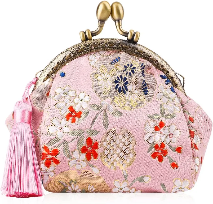 Oyachic Embroider Coin Purse Vintage Wallets Canvas Change Pouch Floral Trinkets Small Kiss Lock Clasp Handbag Jewelry Bag Tassels Women
