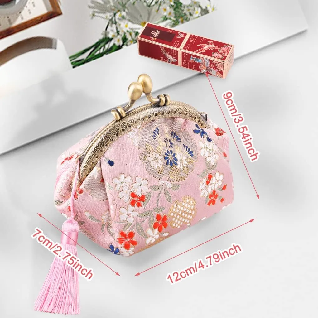 Oyachic Embroider Coin Purse Vintage Wallets Canvas Change Pouch Floral Trinkets Small Kiss Lock Clasp Handbag Jewelry Bag Tassels Women
