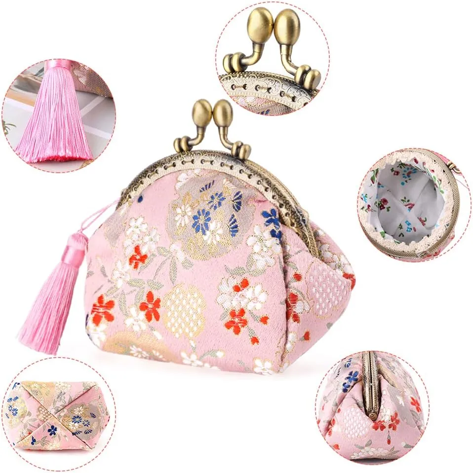 Oyachic Embroider Coin Purse Vintage Wallets Canvas Change Pouch Floral Trinkets Small Kiss Lock Clasp Handbag Jewelry Bag Tassels Women