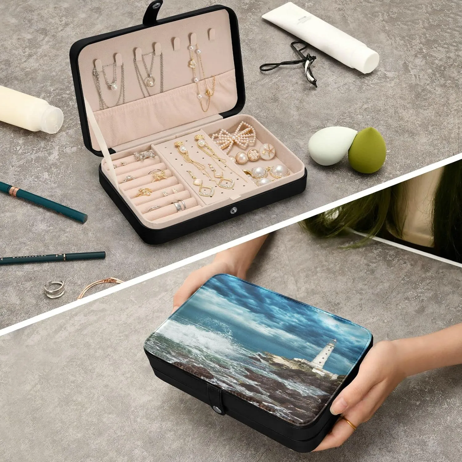 Oyihfvs Stormy Sky Over Lighthouse Sits on the Edge of the Crimean Peninsula Leather Jewelry Bag, Jewelry Storage, Portable Jewelry Organizer Boxes for Women Lady Necklace, Earrings, Rings, Bracelet