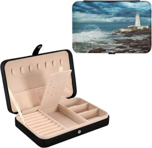 Oyihfvs Stormy Sky Over Lighthouse Sits on the Edge of the Crimean Peninsula Leather Jewelry Bag, Jewelry Storage, Portable Jewelry Organizer Boxes for Women Lady Necklace, Earrings, Rings, Bracelet