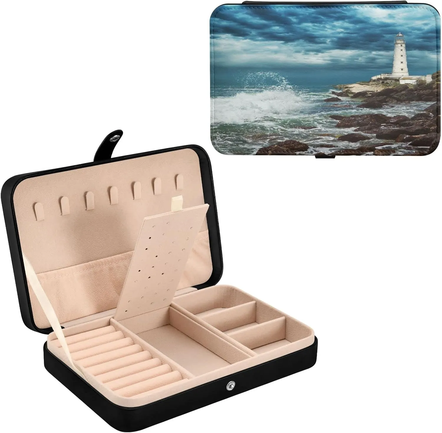 Oyihfvs Stormy Sky Over Lighthouse Sits on the Edge of the Crimean Peninsula Leather Jewelry Bag, Jewelry Storage, Portable Jewelry Organizer Boxes for Women Lady Necklace, Earrings, Rings, Bracelet