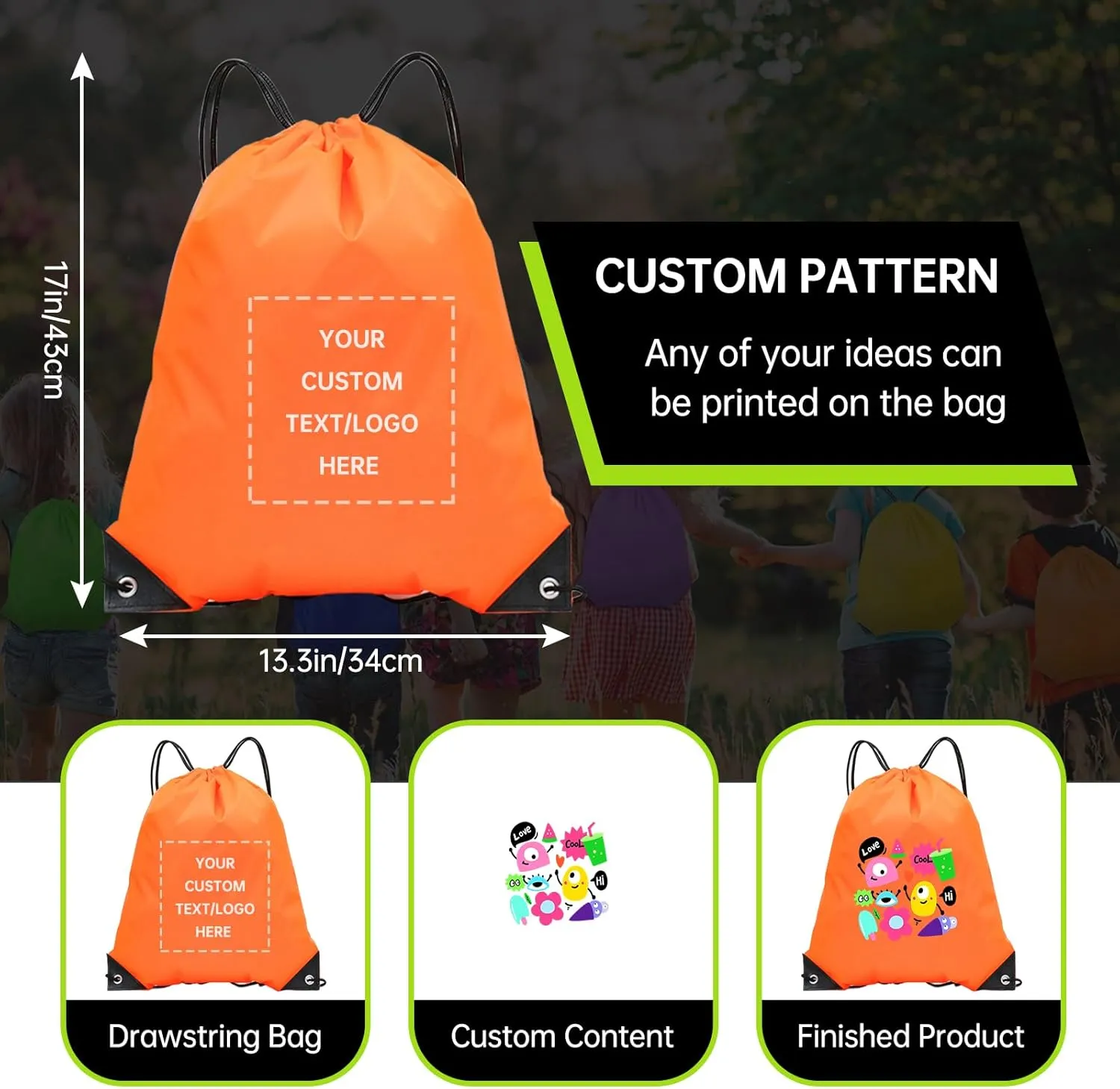 pack of 100 Custom Bags With Your Logo,customized backpack,promotional items,Drawstring Backpacks,Great for Everyday Use (Custom Orange)