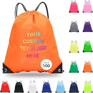 pack of 100 Custom Bags With Your Logo,customized backpack,promotional items,Drawstring Backpacks,Great for Everyday Use (Custom Orange)