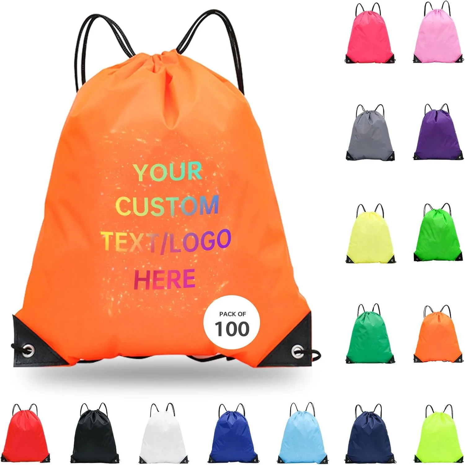 pack of 100 Custom Bags With Your Logo,customized backpack,promotional items,Drawstring Backpacks,Great for Everyday Use (Custom Orange)