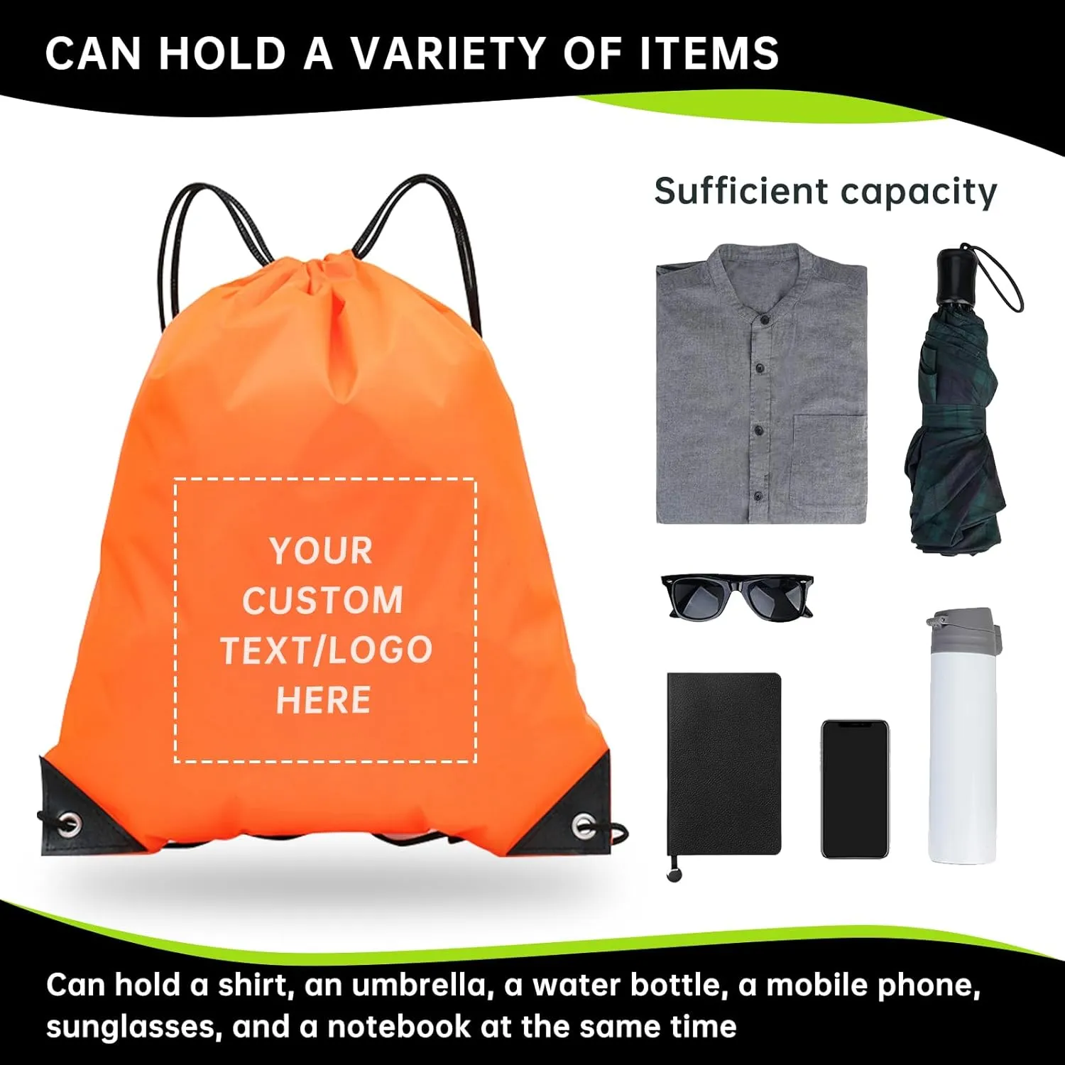 pack of 100 Custom Bags With Your Logo,customized backpack,promotional items,Drawstring Backpacks,Great for Everyday Use (Custom Orange)