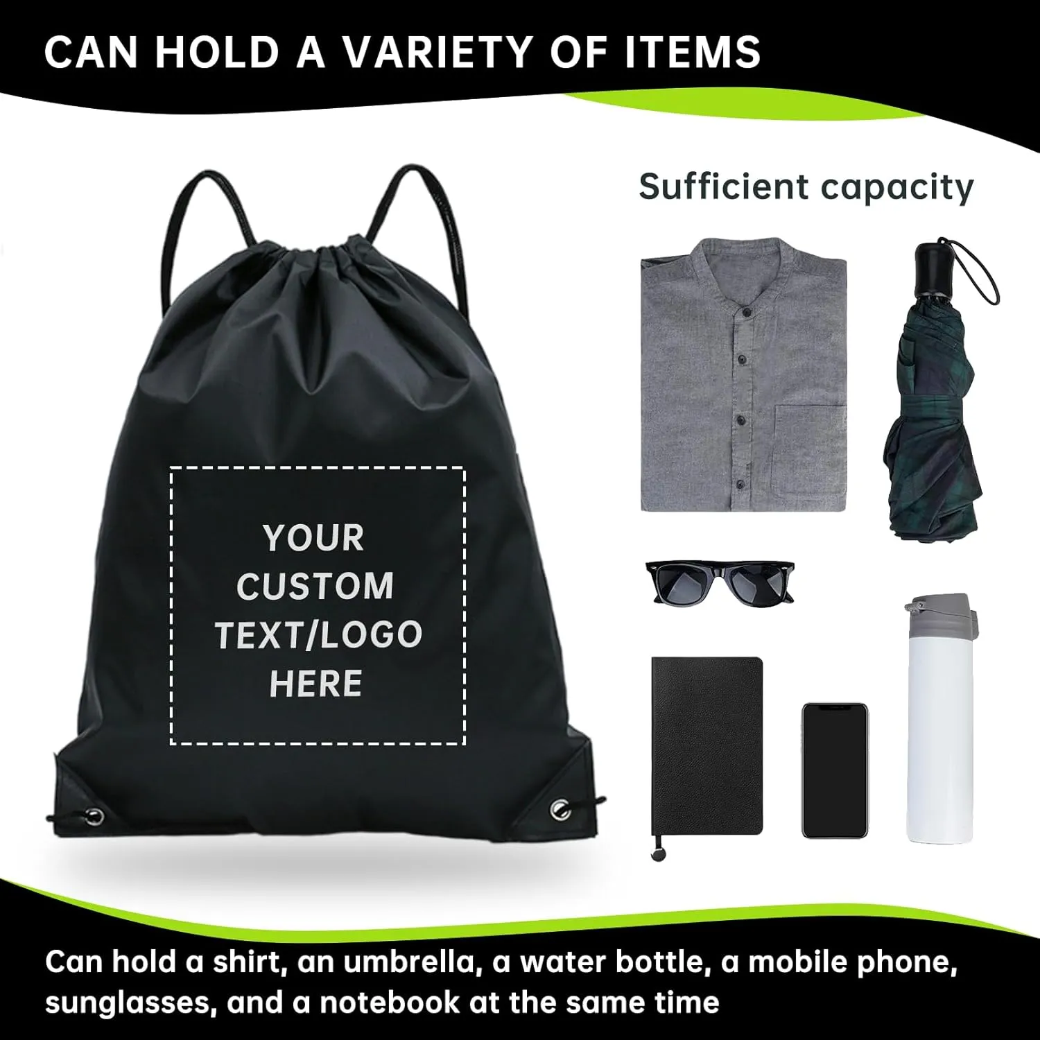 pack of 50 Custom Bags With Your Logo,Drawstring Backpacks Bulk String Bag,Great for Travelling, Gym and for Everyday Use (Custom black)