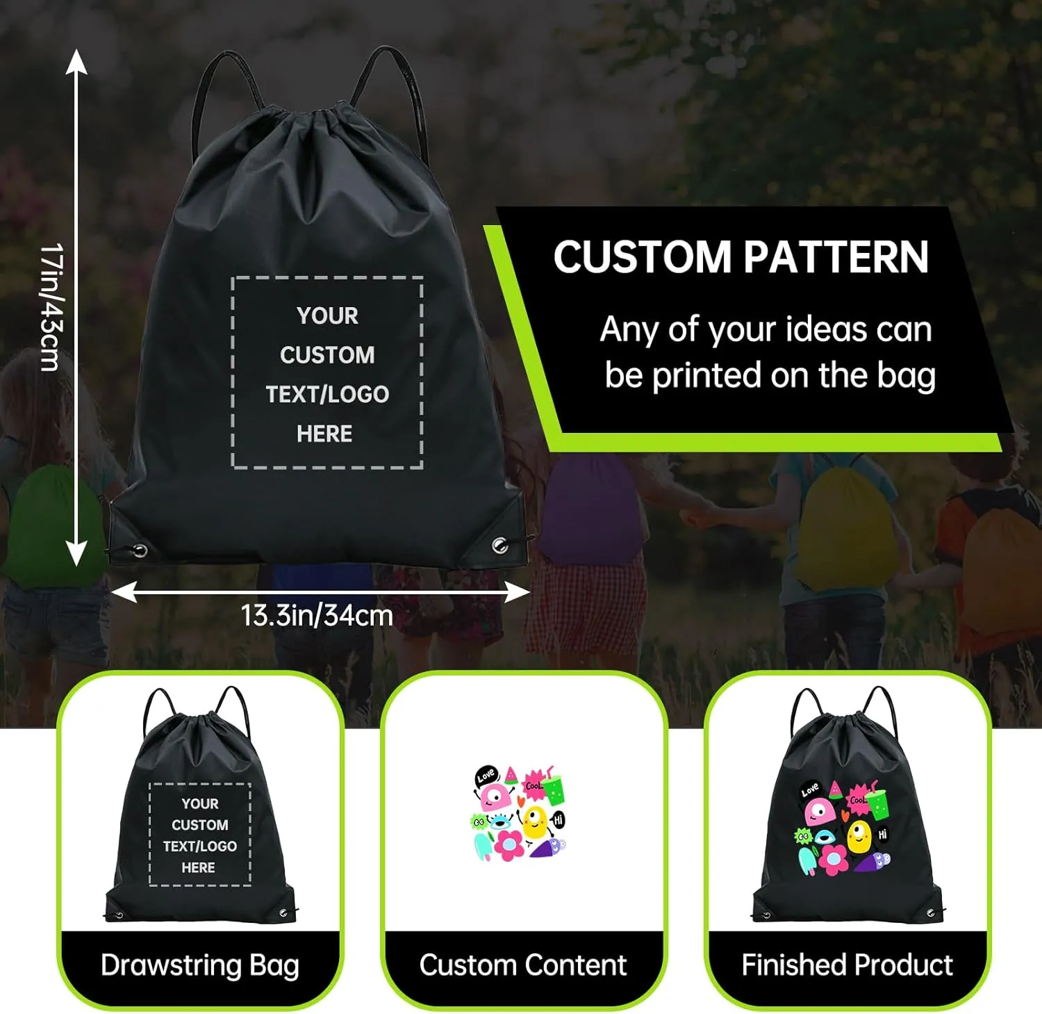 pack of 50 Custom Bags With Your Logo,Drawstring Backpacks Bulk String Bag,Great for Travelling, Gym and for Everyday Use (Custom black)