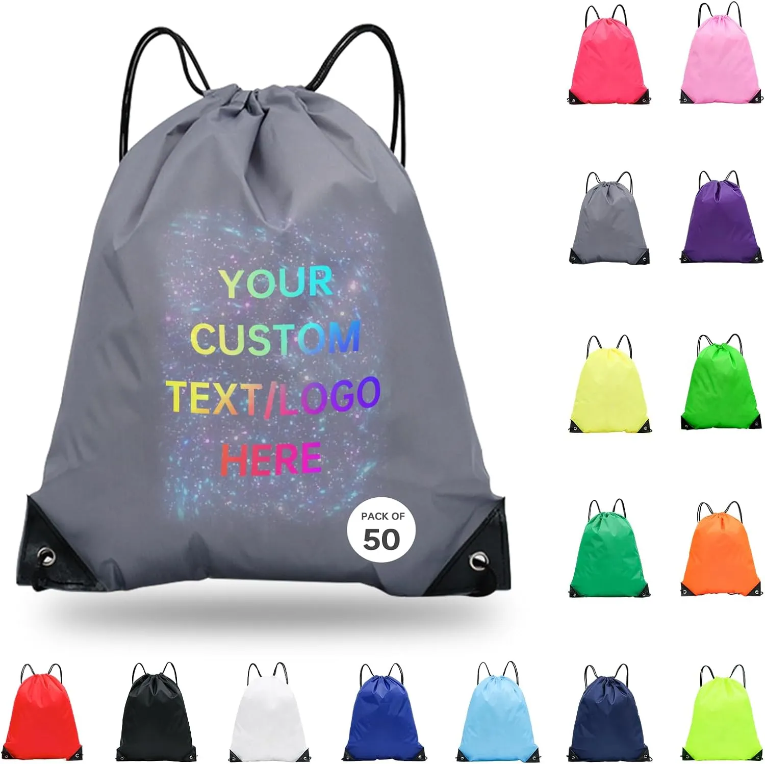 pack of 50 Custom Bags With Your Logo,Drawstring Backpacks Bulk String Bag,Great for Travelling, Gym and for Everyday Use (Custom gray)