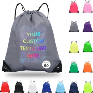 pack of 50 Custom Bags With Your Logo,Drawstring Backpacks Bulk String Bag,Great for Travelling, Gym and for Everyday Use (Custom gray)