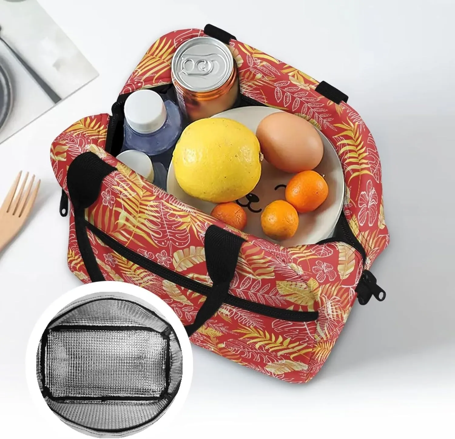 Palm Frond Lunch Tote Handbag for Women Thermal Insulated Bento Bag with Adjustable Shoulder Strap Lightweight Lunchbox for Travel Hiking Work