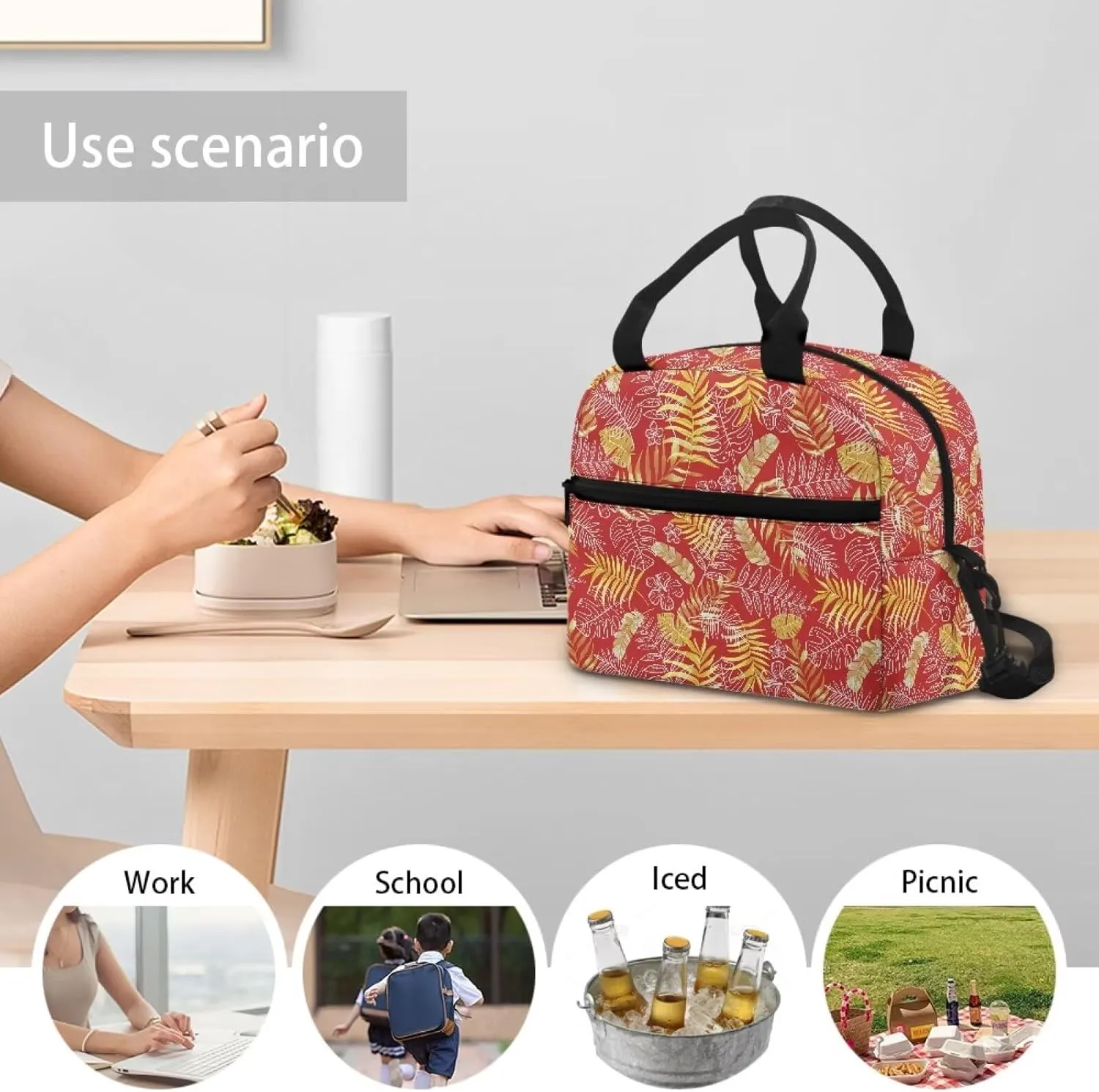 Palm Frond Lunch Tote Handbag for Women Thermal Insulated Bento Bag with Adjustable Shoulder Strap Lightweight Lunchbox for Travel Hiking Work