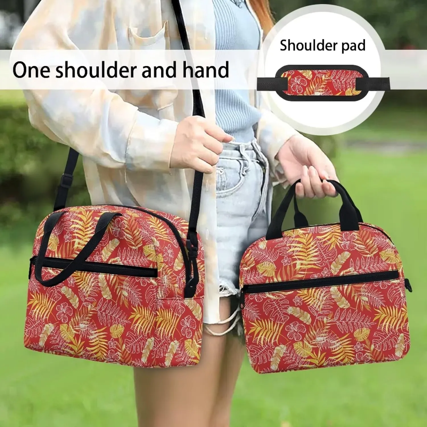 Palm Frond Lunch Tote Handbag for Women Thermal Insulated Bento Bag with Adjustable Shoulder Strap Lightweight Lunchbox for Travel Hiking Work